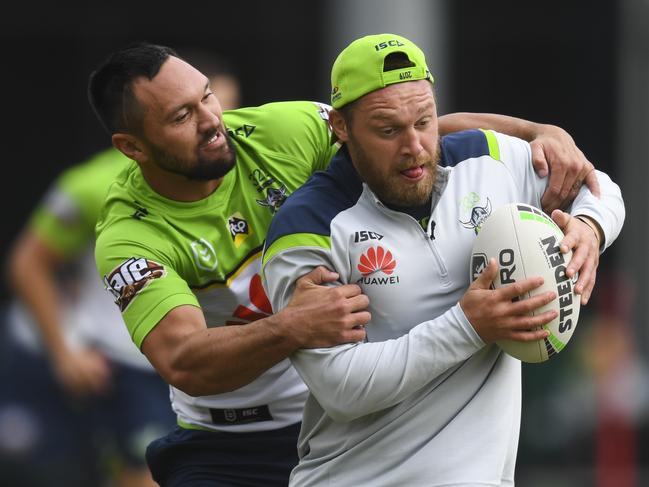 Elliott Whitehead and Jordan Rapana. Picture: AAP Image/Lukas Coch