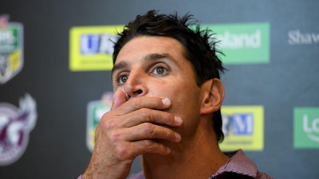 Sea Eagles coach Trent Barrett speaks during a press conference following the Round 23 NRL match between the Manly-Warringah Sea Eagles and the Gold Coast Titans at Lottoland in Sydney, Friday, August 17, 2018. (AAP Image/Dan Himbrechts) NO ARCHIVING, EDITORIAL USE ONLY