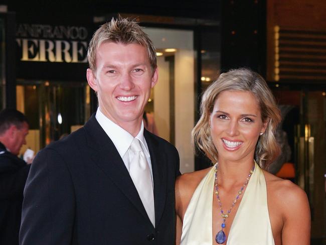 Liz Kemp with ex-partner Brett Lee. Ms Kemp lost a NSW Supreme Court battle to be awarded her dead former de facto Andrew Findlay’s multimillion-dollar estate. Picture: Getty Images