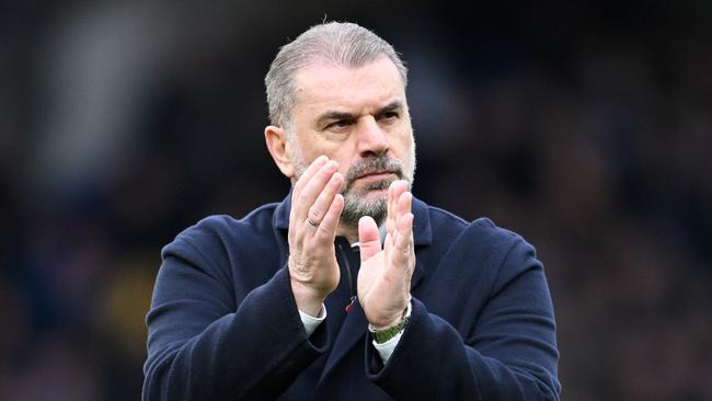 LIVERPOOL, ENGLAND - FEBRUARY 03: Ange Postecoglou, Manager of Tottenham Hotspur, applauds the fans after the Premier League match between Everton FC and Tottenham Hotspur at Goodison Park on February 03, 2024 in Liverpool, England. (Photo by Michael Regan/Getty Images)