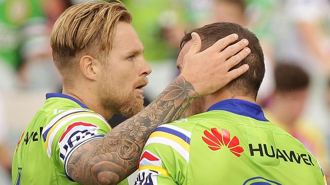 Blake Austin celebrates after the Raiders score a try.