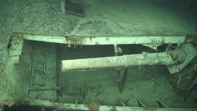 One of Kormoran’s concealed guns sits among the collapsed structure of the German raider’s wreck. Picture: WA Museum and Curtin University. Copyright WA Museum.