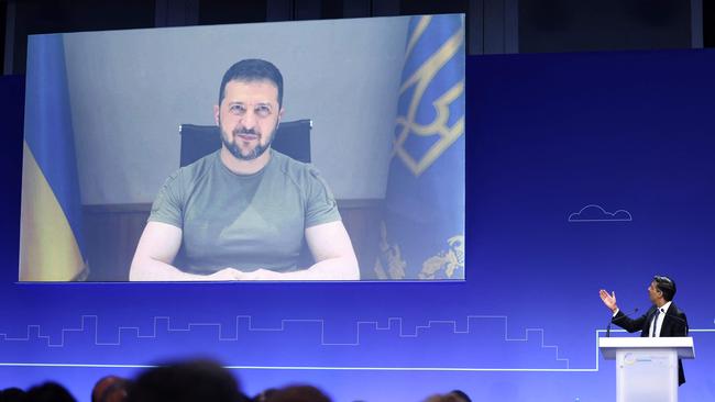 British Prime Minister Rishi Sunak introduces Ukraine President Volodymyr Zelensky at the Ukraine Recovery Conference in London. Picture: POOL / AFP