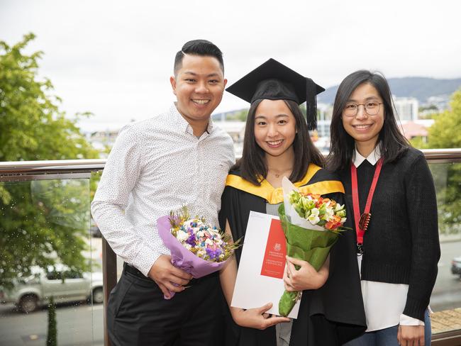Lucas Lim, Mandy Chin and Chrissie Ong. UTAS graduations. School of College of Health and Medicine Graduate Research. Picture: RICHARD JUPE