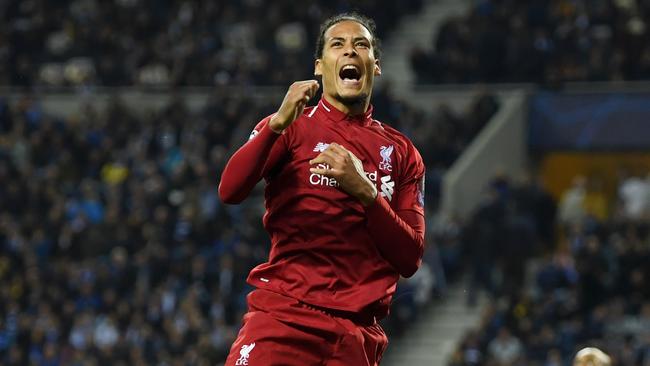 PORTO, PORTUGAL - APRIL 17:  Virgil van Dijk of Liverpool celebrates after scoring his team's fourth goal during the UEFA Champions League Quarter Final second leg match between Porto and Liverpool at Estadio do Dragao on April 17, 2019 in Porto, Portugal. (Photo by Matthias Hangst/Getty Images)