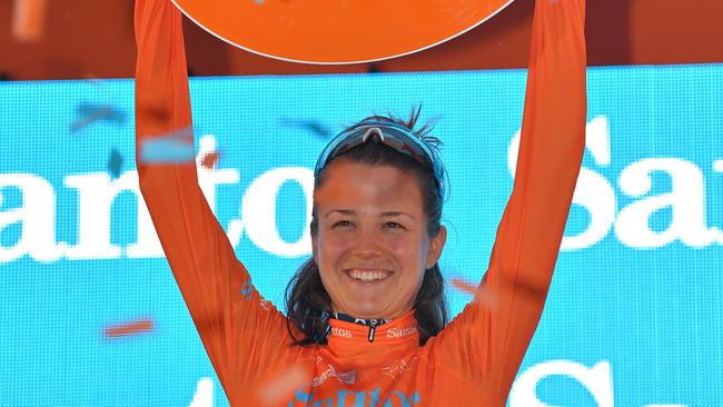 Ruth Winder celebrates her women’s Tour Down Under victory. Picture: Tim de Waele/Getty Images