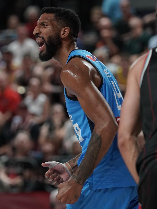 Marcus Lee helped United to a big win in game one of this season’s NBL grand final series against Illawarra. Picture: Lochie Gay/United Media