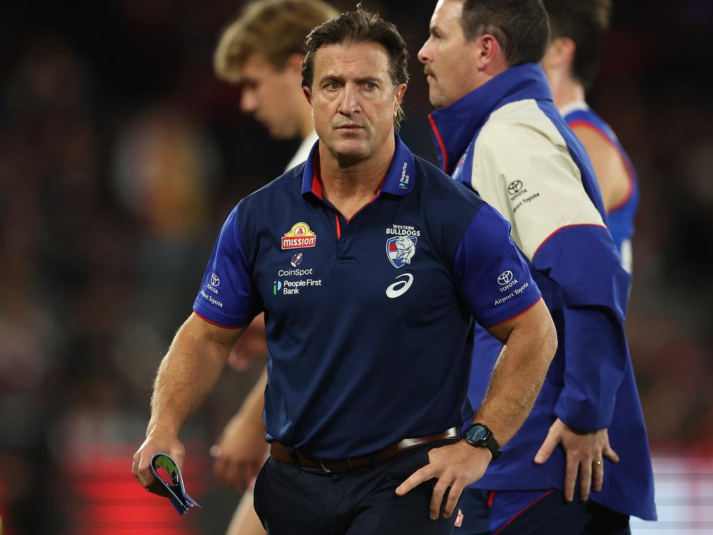 MELBOURNE, AUSTRALIA - APRIL 18: Luke Beveridge, Senior Coach of the Bulldogs is seen at the break during the round six AFL match between St Kilda Saints and Western Bulldogs at Marvel Stadium, on April 18, 2024, in Melbourne, Australia. (Photo by Robert Cianflone/Getty Images)