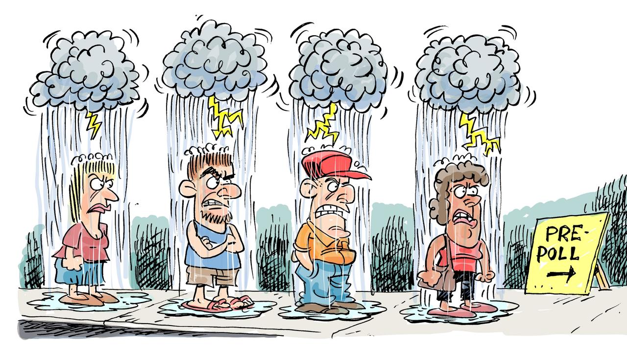 Cartoonist Harry Bruce's view on pre-polling in the wet weather.