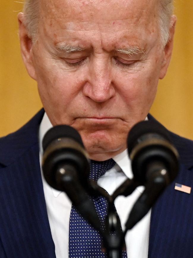 President Biden pauses as he responds to the deaths of 13 US military troops in a terror attack at Hamid Karzai International Airport. Picture: AFP