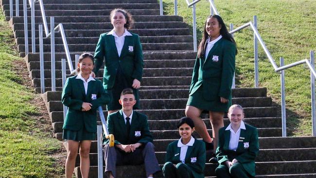 (L TO R) Alyssa Blahear, Jorja McManus, Angus Pearce, Rihanna Ali, Henrietta Laban and Kaitlyn Brush of Seven Hills High School. Picture: Jake McCallum