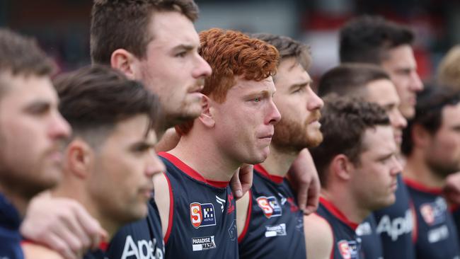 Emotional Redlegs players during the Tribute to Nick Lowden at Norwood Oval. Picture: SANFL Image/David Mariuz