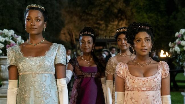 Simone Ashley as Kate Sharma, Adjoa Andoh as Lady Danbury, Shelley Conn as Mary Sharma, Charithra Chandran as Edwina Sharma Picture: Liam Daniel/Netflix