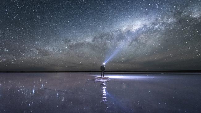 Lake Tyrrell looks electric under the stars. Picture: Anne Morley