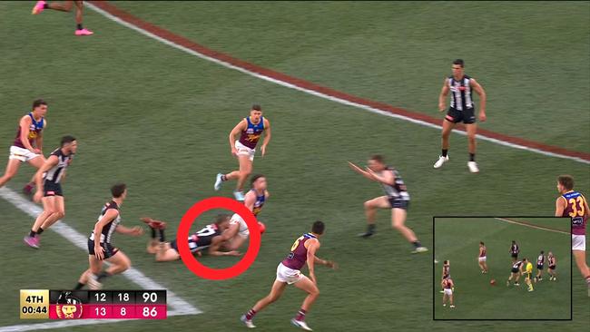 Lachie Neale was tackled low. Photo: Channel 7.