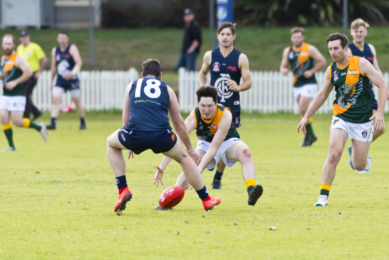 Ryan Holman of Goondiwindi competes for possession with Carl Stevenson of Coolaroo in AFL Darling Downs round one at Rockville Oval, Saturday, July 11, 2020. Picture: Kevin Farmer