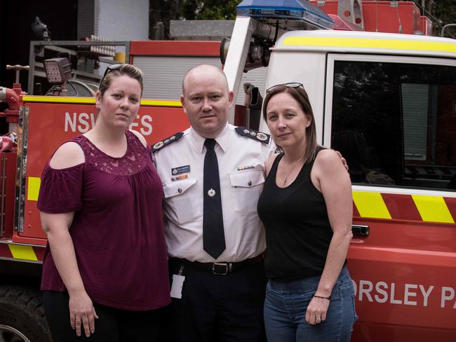 From left, Jess Hayes, partner of Geoffrey Keaton with RFS Commissioner Shane Fitzsimmons and Melissa O’Dwyer, wife of Andrew O’Dwyer. Picture: Flavio Brancaleone