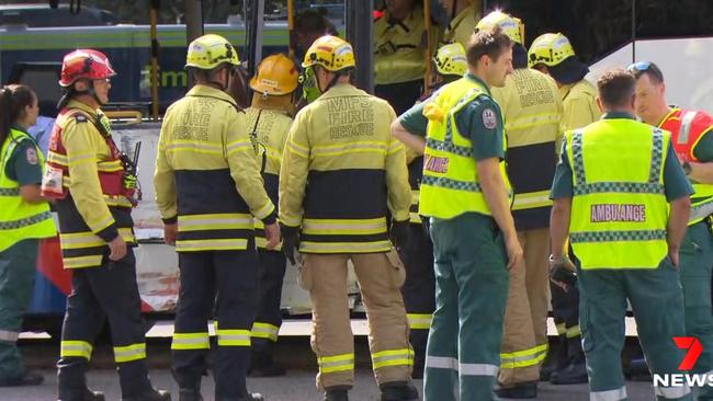 Emergency crews at the scene of the two buses which collided near the Paradise Interchange.