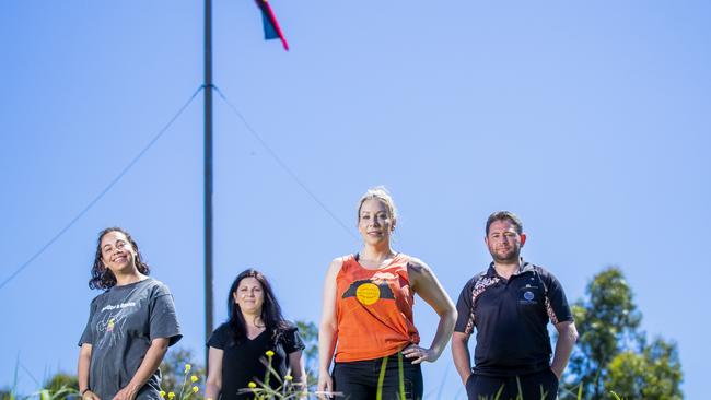 Nunami Sculthorpe-Green, Sara Maynard, Nala Mansell and Aaron Everett. Flag raising event with community at Risdon Cove for the start of NAIDOC Week. Picture: Richard Jupe