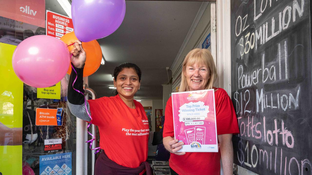 The winning couple purchased their ticket from Drysdale Newsagent; owner Sashi Sunnam and staff member Leanne O’Dowd pictured in July. Picture: Brad Fleet