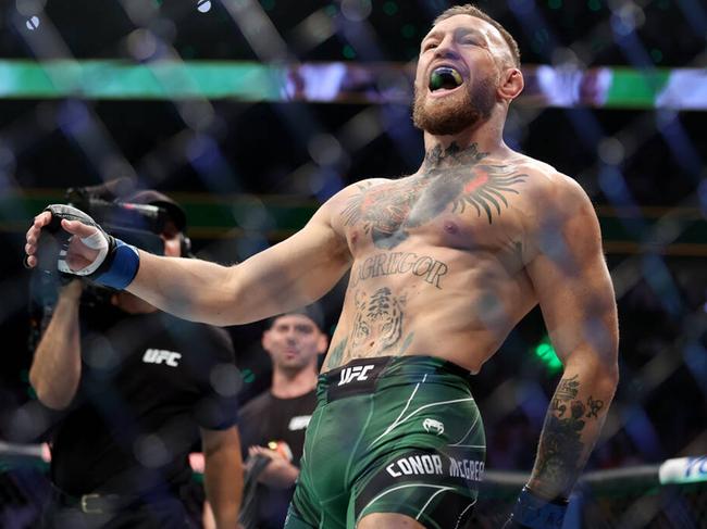 Conor McGregor takes the octagon for a lightweight bout against Dustin Poirier during the UFC 264 main event at T-Mobile Arena in Las Vegas on July 10, 2021. (Erik Verduzco/Las Vegas Review-Journal/Tribune News Service via Getty Images)