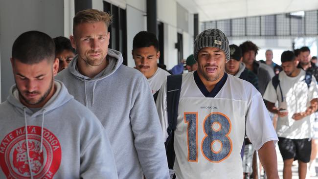 Gold Coast Titans players leave a team briefing. Picture: Glenn Hampson