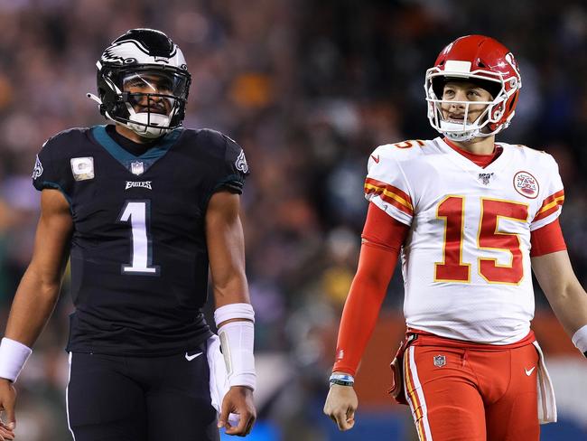 FILE PHOTO (EDITOR'S NOTE: COMPOSITE OF IMAGES - Image numbers 1445115801, 1195611619 - GRADIENT ADDED) In this composite image a comparison has been made between quarterback Jalen Hurts #1 of the Philadelphia Eagles (L) and quarterback Patrick Mahomes #15 of the Kansas City Chiefs (R). They will meet in Super Bowl LVII on February 12,2023 at State Farm Stadium in Glendale, Arizona. ***LEFT IMAGE PHILADELPHIA, PA - NOVEMBER 27: Jalen Hurts #1 of the Philadelphia Eagles looks on against the Green Bay Packers at Lincoln Financial Field on November 27, 2022 in Philadelphia, Pennsylvania. (Photo by Mitchell Leff/Getty Images) ***RIGHT IMAGE CHICAGO, ILLINOIS - DECEMBER 22: Patrick Mahomes #15 of the Kansas City Chiefs walks across the field in the third quarter against the Chicago Bears at Soldier Field on December 22, 2019 in Chicago, Illinois. (Photo by Dylan Buell/Getty Images)