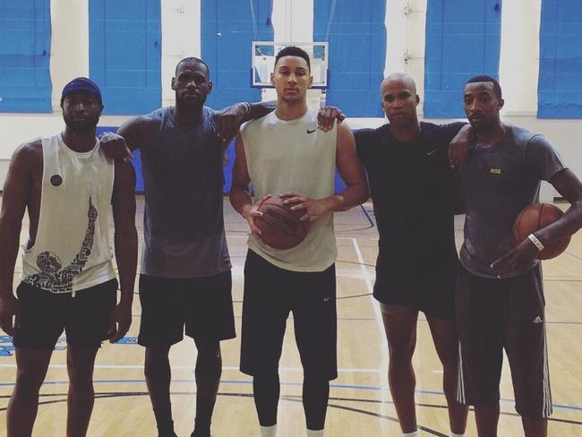 LeBron James (second from left) and Ben Simmons (centre) work out during the off-season with other NBA stars.