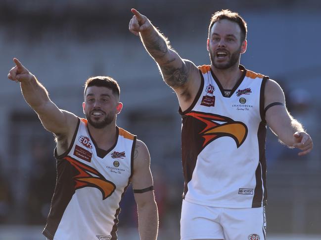 Corey Viani and Joshua Young of Cburn celebrate a goal before Young was sent off during the EDFL football semi final between East Keilor and Craigieburn played at Windy Hill Essendon on Saturday 31st August, 2019.