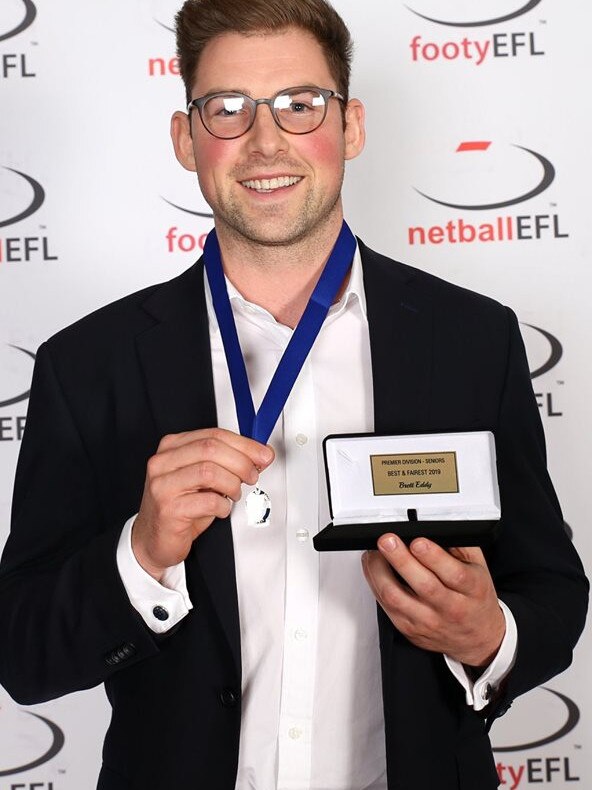 Vermont star Brett Eddy with his Chandler Medal as the Eastern Football League’s Premier Division best and fairest. Picture: Field of View Sports Photography