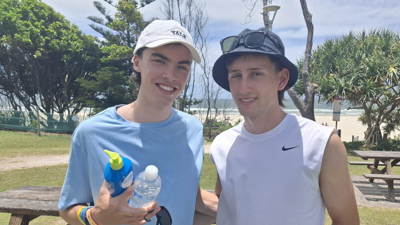 Archie Andrews, 18, and Nic Fisher, 18, at Byron Bay Schoolies celebrations on November 28, 2024. Picture: Sam Stolz.