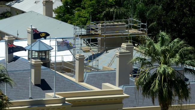 Scaffolding can be seen on the roof of Government House. Picture: Sam Wundke