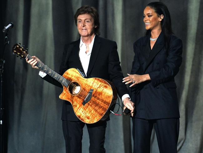 Last number one was 38 years ago ... Paul McCartney and Rihanna on stage at the 57th Annual Grammy Awards in Los Angeles on February 8, 2015. Picture: AFP / Robyn Beck