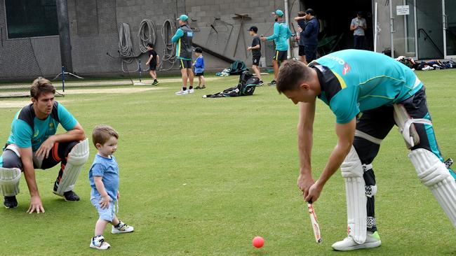 Mitchell Marsh (L) plays with nephew Austin and older brother Shaun. Picture: Nicole Garmston