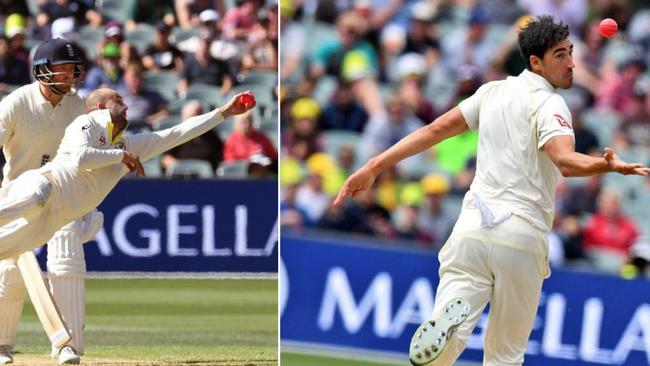 Nathan Lyon and Mitchell Starc both took spectacular catches on day three at Adelaide Oval.