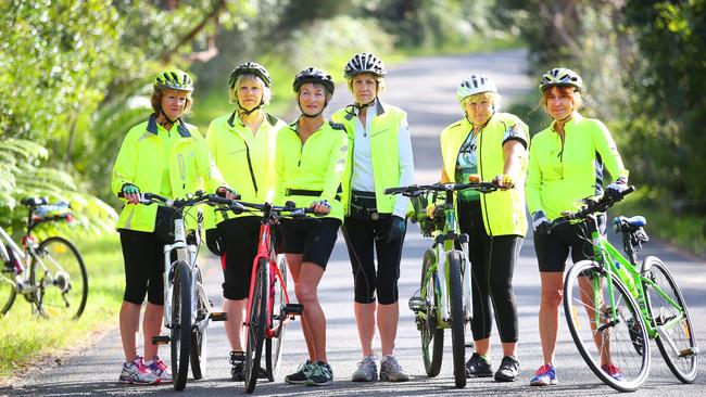 The “Cycling Goddesses”, pictured last year, after their friend (not pictured) crashed because of a pothole in Chowder Bay Rd, Mosman. They are again warning of the poor state of the road. Picture: Phillip Rogers