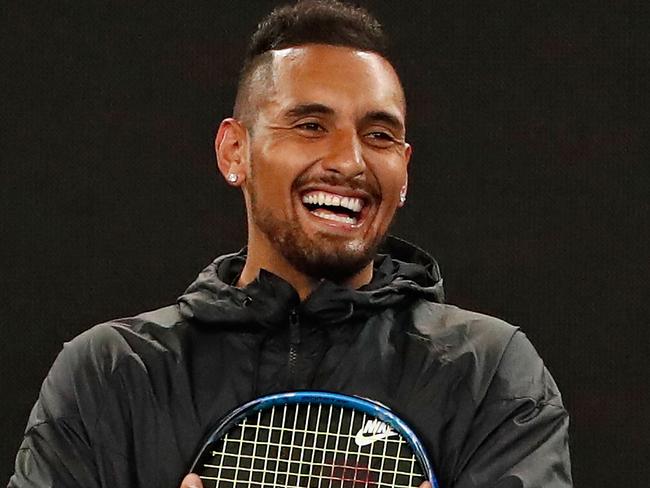 MELBOURNE, AUSTRALIA - JANUARY 10:  Nick Kyrgios of Australia laughs during the Tie Break Tens ahead of the 2018 Australian Open at Margaret Court Arena on January 10, 2018 in Melbourne, Australia.  (Photo by Scott Barbour/Getty Images)