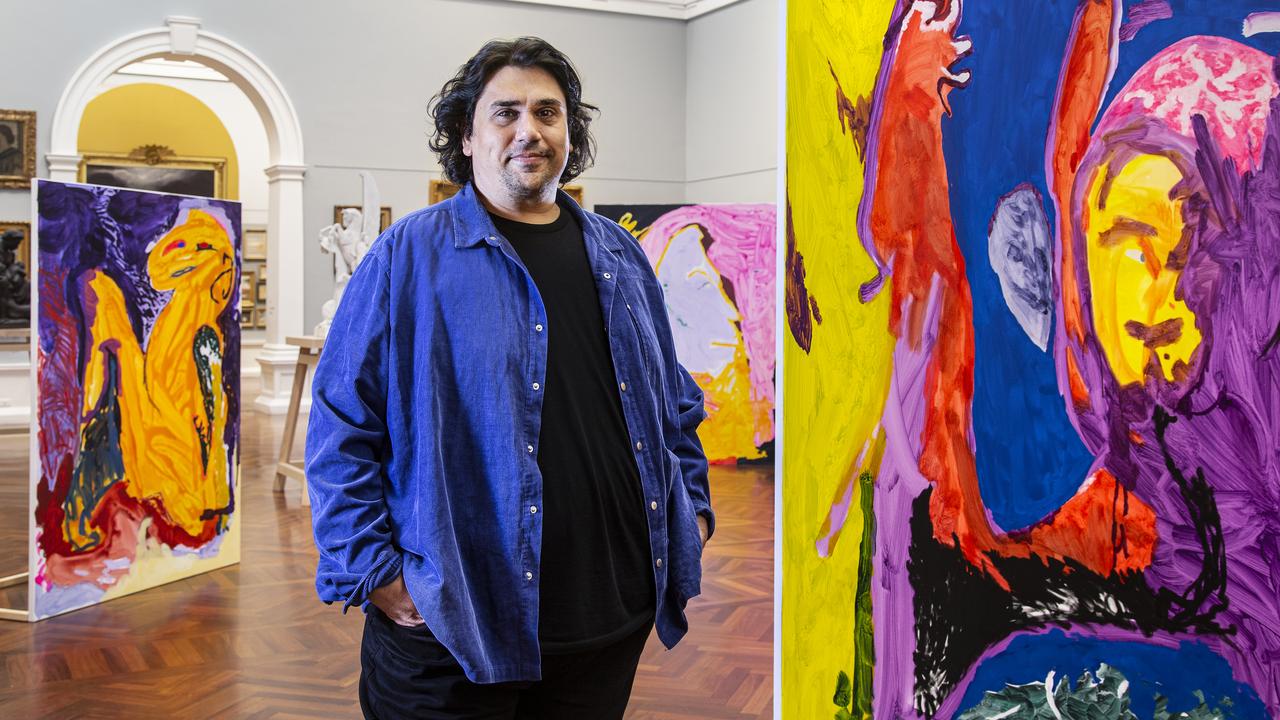 Tom Polo with his work in the 2022 Adelaide Biennial of Australian Art: Free/State, Art Gallery of South Australia, photo: Saul Steed