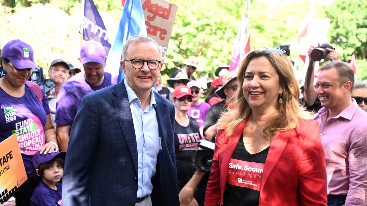 Labor leader Anthony Albanese arrives with Queensland Premier Anastasia Palaszczuk for a press conference before a Labour Day march in Brisbane. Picture: NCA NewsWire / Dan Peled