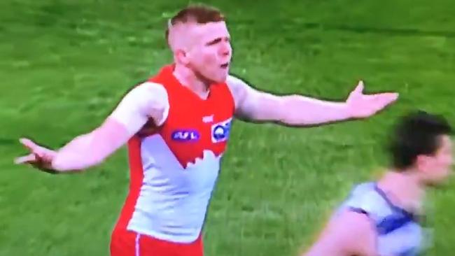 Dan Hannebery’s reaction after the umpire pays a 50m penalty against him.