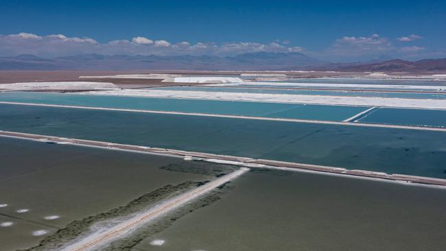 An aerial view of lithium mine brine ponds and processing areas of Chilean company SQM. Picture: AFP