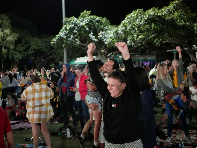 Fans celebrate after Australia defeated France in the quarter-finals of the FIFA Women's World Cup, at The Strand in Townsville on August 12, 2023. Picture: Blair Jackson