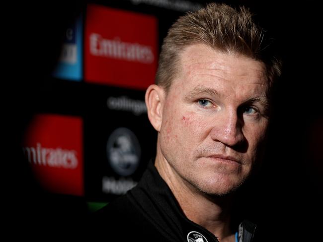 MELBOURNE, AUSTRALIA - APRIL 28:  Magpies coach Nathan Buckley speaks to the media during a Collingwood Magpies AFL media opportunity on April 28, 2017 in Melbourne, Australia.  (Photo by Robert Cianflone/Getty Images)
