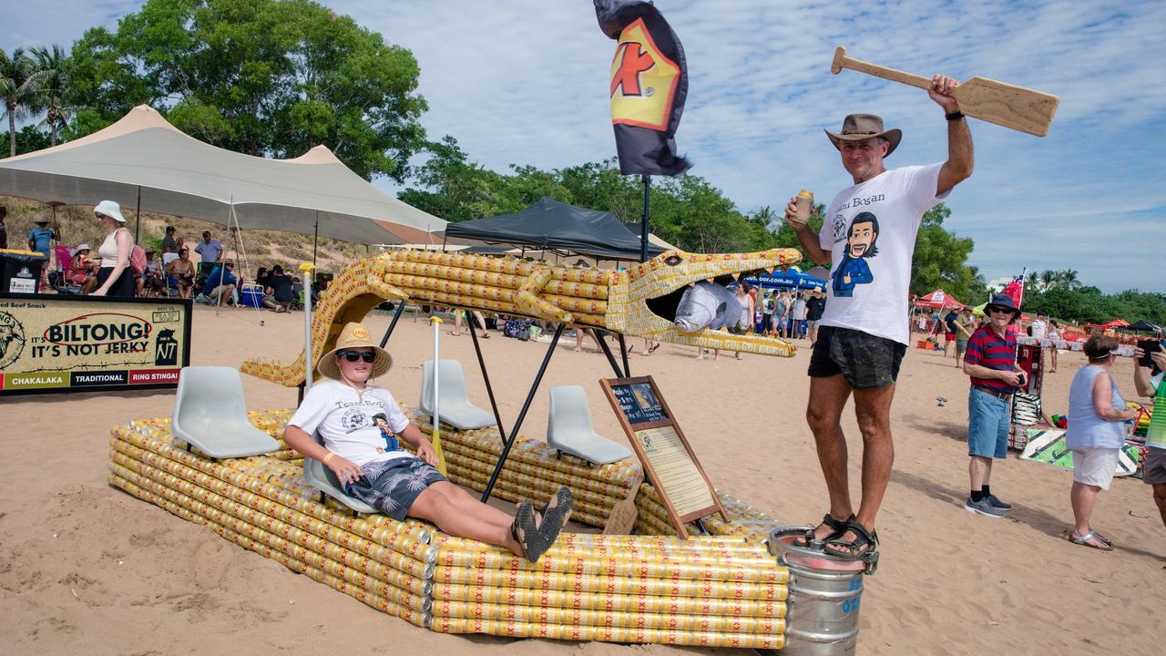 Team Bogan’s Ken Whinney with son Ryan at the Lions Beer Can Regatta at Mindil Beach. Picture: Glenn Campbell