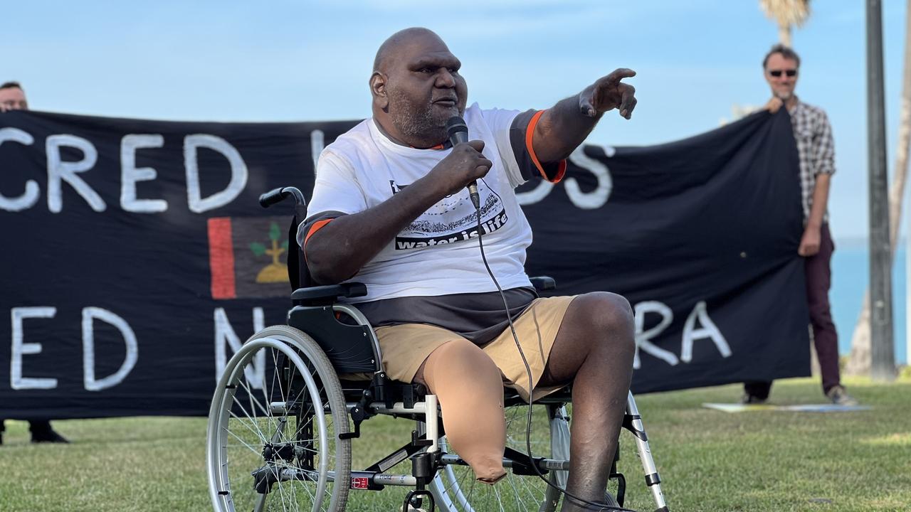 Nurrdalinji Native Title Aboriginal Corporation chair, Samuel Janama Sandy, speaking at a protest against Middle Arm ahead of the second day of public hearings about the proposed development in Darwin. Picture: Fia Walsh.