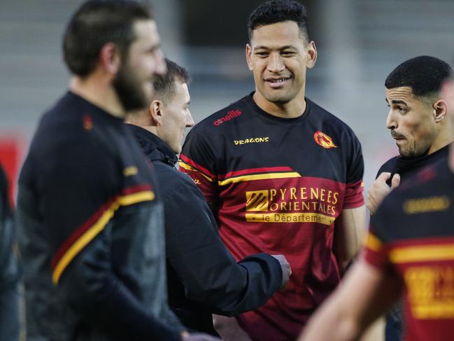 Catalans Dragons' Israel Folau takes part in his first training session at the Gilbert Brutus stadium in Perpignan. Picture: AFP