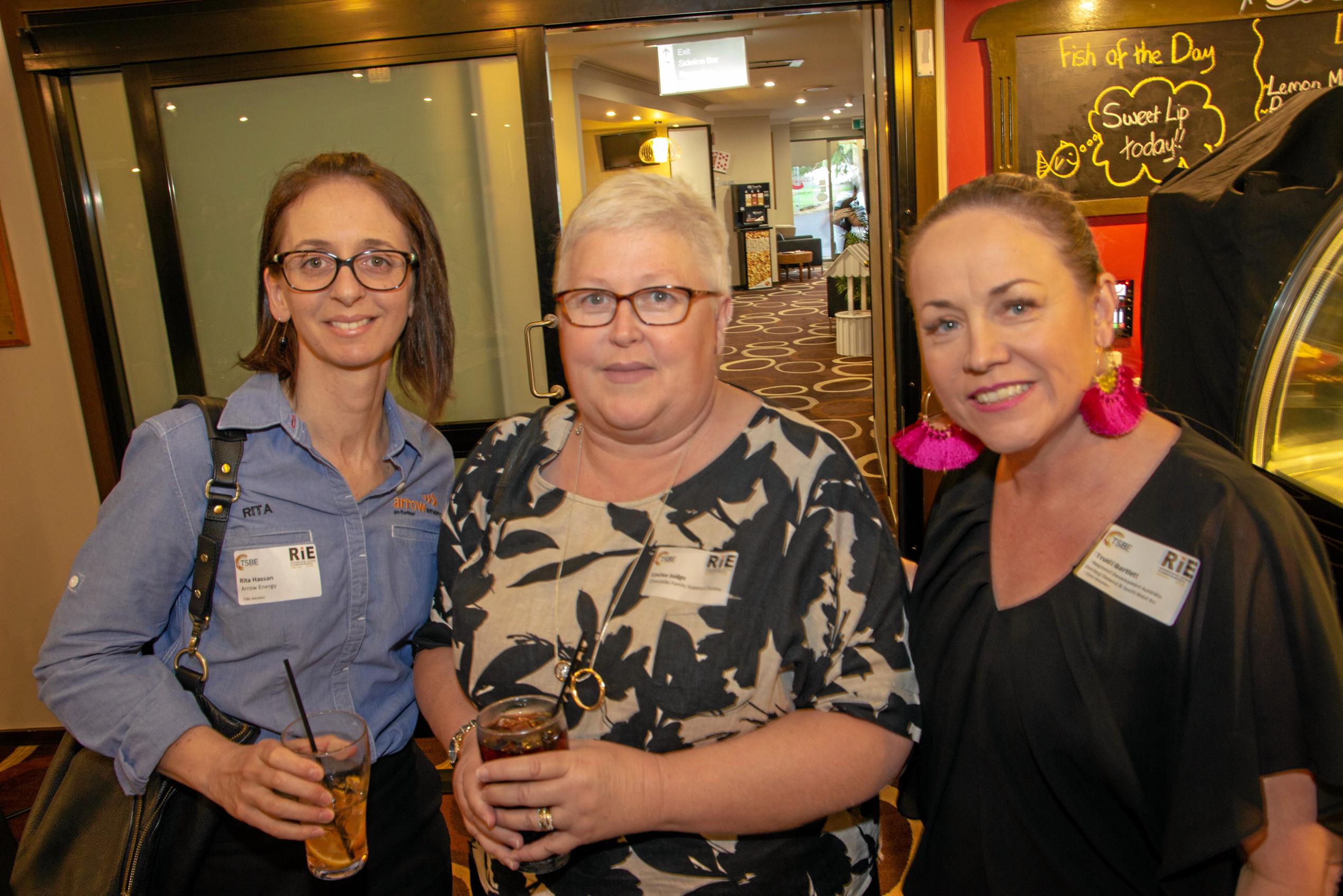 Rita Hassan, Louise Judge, Trudi Bartlett at TSBE's October Enterprise Evening at the Dalby League's Club on October 11, 2018. Picture: Dominic Elsome