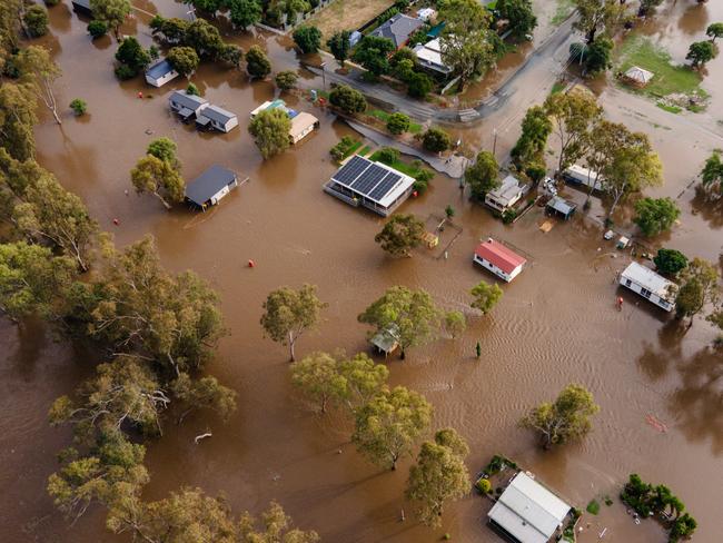 ROCHESTER, AUSTRALIA - JANUARY 9: A drone view shows the floodwater impact that affected the Rochester township on January 9, 2024 in Rochester, Australia. Severe weather warnings were in place for vast swathes of central Victoria after heavy rainfall overnight. Residents of Rochester and other nearby towns were warned to evacuate ahead of the expected arrival of flood waters on Tuesday. (Photo by Diego Fedele/Getty Images)