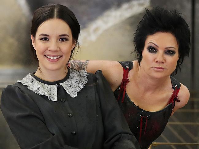 17/10/2019 : Sarah McLeod (spikey hair) as Bertha Mason and Nelle Lee as Jane Eyre in the Shake and Stir new stage adaptation of Charlotte Bront‘Õs Jane Eyre, during rehearsals at QPAC, South Bank, Brisbane. The new production features original music written and performed live by multi ARIA Award-winner and front woman of The Superjesus, Sarah McLeod . Lyndon Mechielsen/The Australian