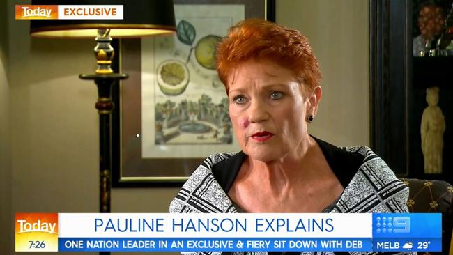 Pauline Hanson went on the Today Show to continue her attack on Scott Morrison. Picture: Today Show